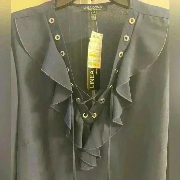 Linea Domani navy pop over long sleeve blouse‎ polyester. Large. NWT - Picture 4 of 7